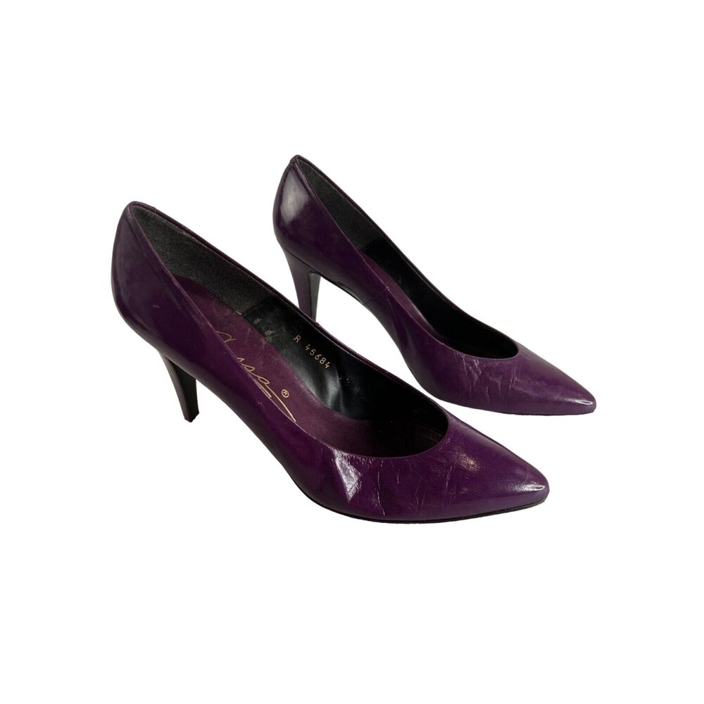 Caressa Womens Purple Leather Heels Sz 9.5 Vintage Party 80s Retro Glam Romantic